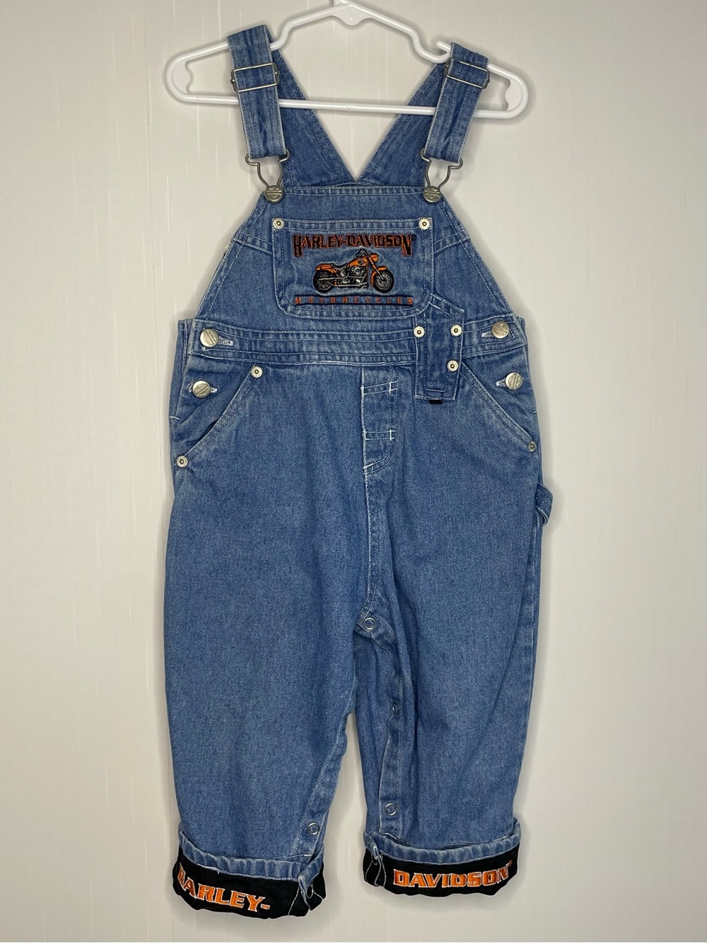Vtg Harley Davidson Toddler Denim Overalls 24M Snap Inseam Factory Error